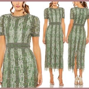 *SOLD* Mac Duggal High Neck Short Sleeve Crystal Fringe Column Dress